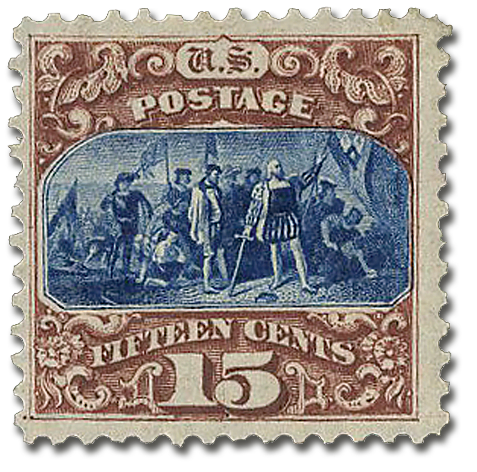 #129
1875 15c Landing of Columbus, Brown & Blue, Type III, Hard Paper, No Grill, Perf. 12