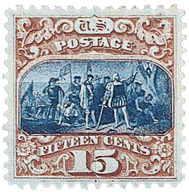 #129 - 1875 15c Landing of Columbus, Brown and Blue, Type III, Hard Paper, No Grill, Perf. 12
