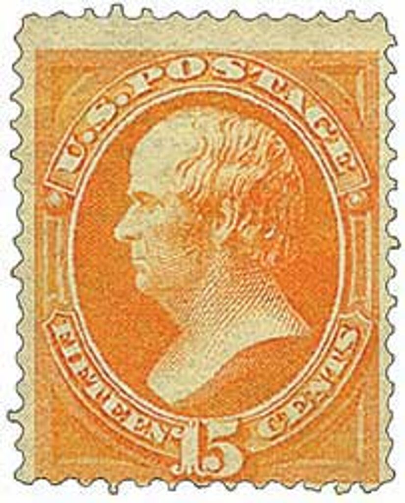 #141 - 1870 15c Daniel Webster, Orange, Hard Paper, H Grill, Perf. 12