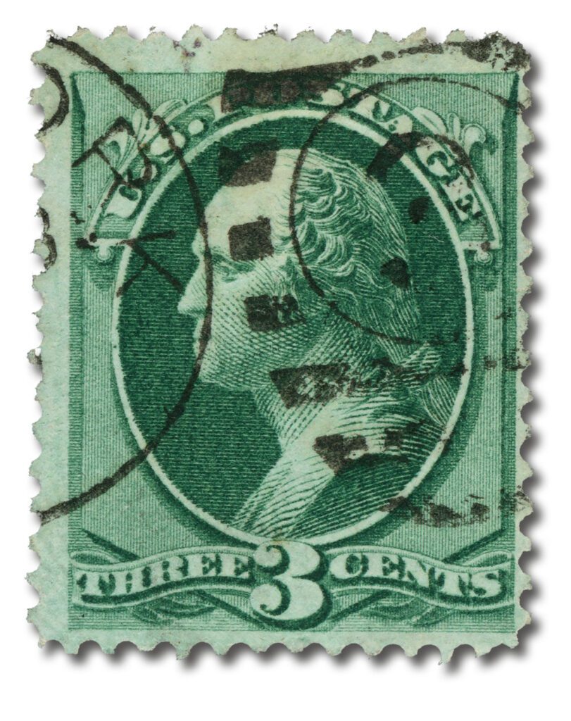 #158
1873 3c Washington, Green, Secret Mark, Hard Paper, Perf. 12
