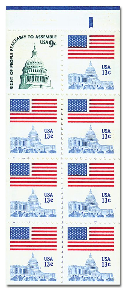 #1623a
1977 9c Flag Over Capitol (1590) & 13c Capitol Dome (1623), Booklet Pane of 8 Stamps