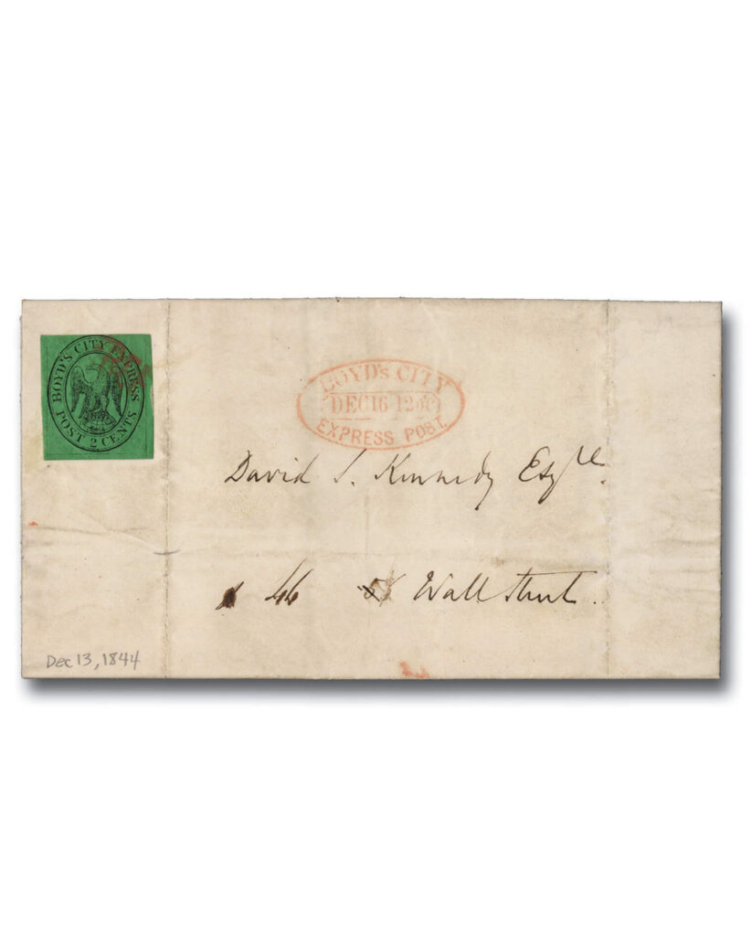 #20L2
1844 2c Boyd's City Express, Black on Yellow Green Paper