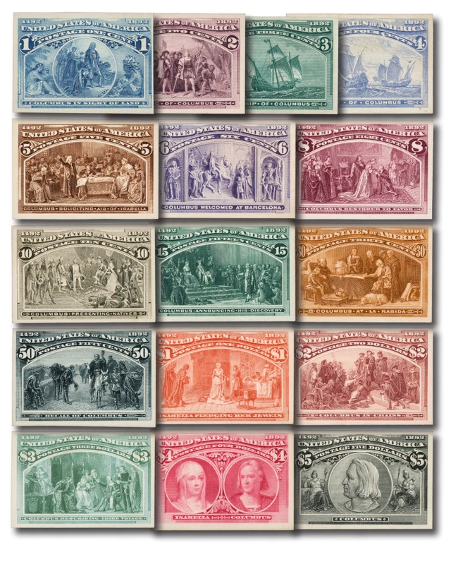 #230P4-45P4
1893 1c-$5 Columbians, Plate Proofs on Card, Complete Set of 16 Proofs