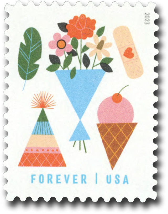 #5805
2023 First-Class Forever Stamp - Thinking of You: Leaf, Flower Bouquet, Bandage, Birthday Party Hat, Ice Cream Cone