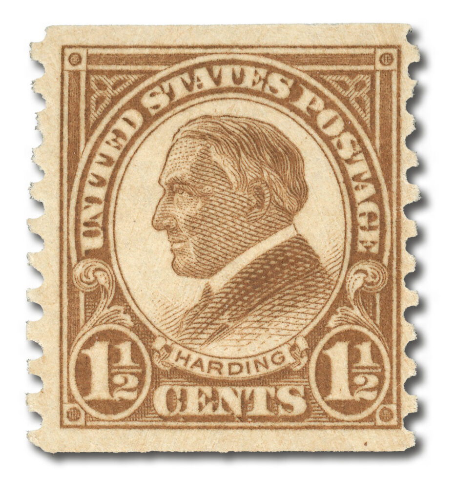 #598
1925 1 1/2c Harding, Deep Brown, Perf. 10 Vertically
