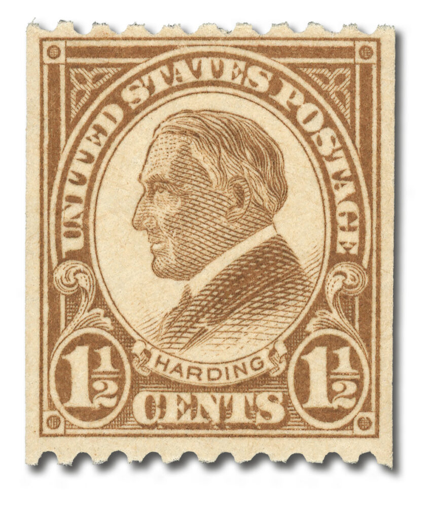 #605
1925 1 1/2c Warren G. Harding, Yellow Brown, Perf. 10 Horizontally