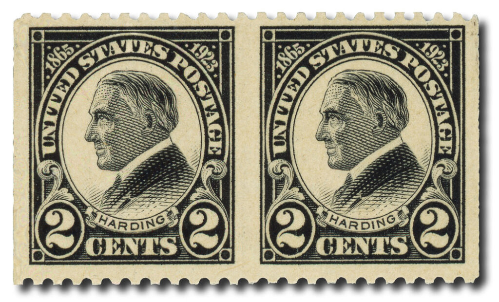 #610a
1923 2c Warren G. Harding, Black, Perf. 11, Horizontal Pair, Imperf. Vertical
