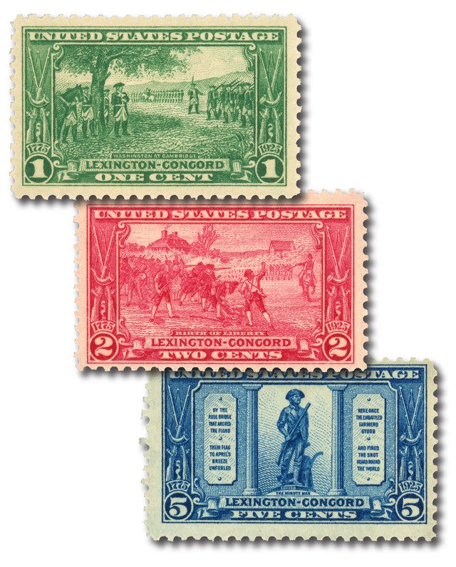 #617-19 - 1925 Lexington-Concord Sesquicentennial Issues, Complete Set of 3 Stamps
