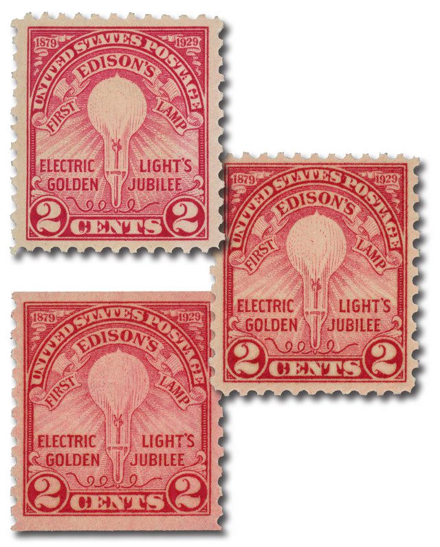 #654-56
1929 Electric Light Golden Jubilee Issues, Carmine Rose, Complete Set of 3 Stamps