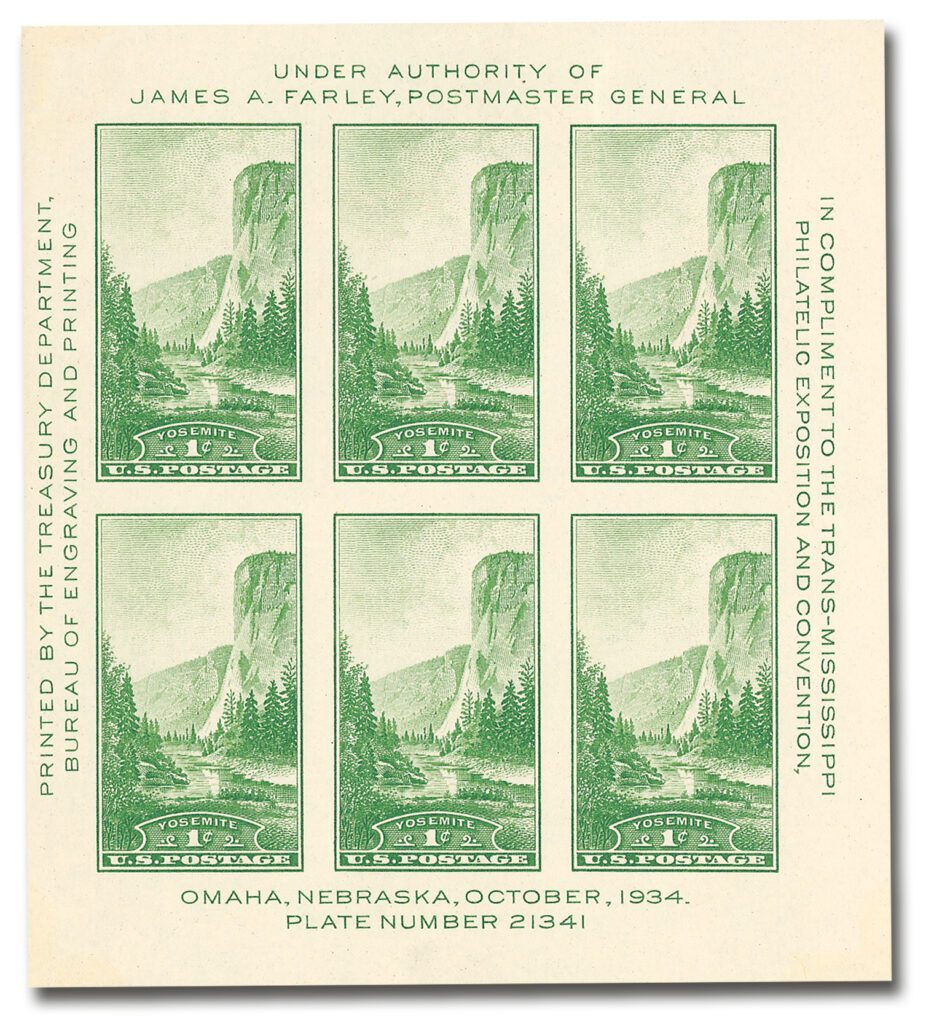 #751 - 1934 1c Yosemite, California, Green, Souvenir Sheet