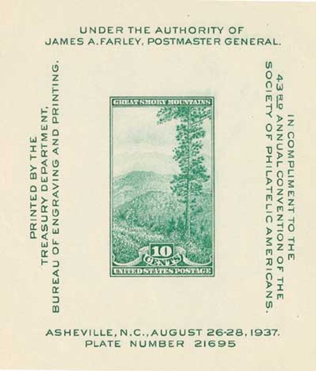 #797 - 1937 10c Society of Philatelic Americans Convention, Blue Green, Souvenir Sheet