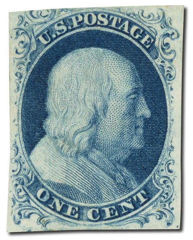 #7 - 1851 1c Franklin, Blue, Type II, Imperf.