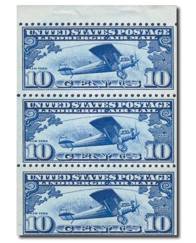 #C10a
1927 10c Lindbergh's "Spirit of St. Louis", Booklet Pane of 3 Stamps