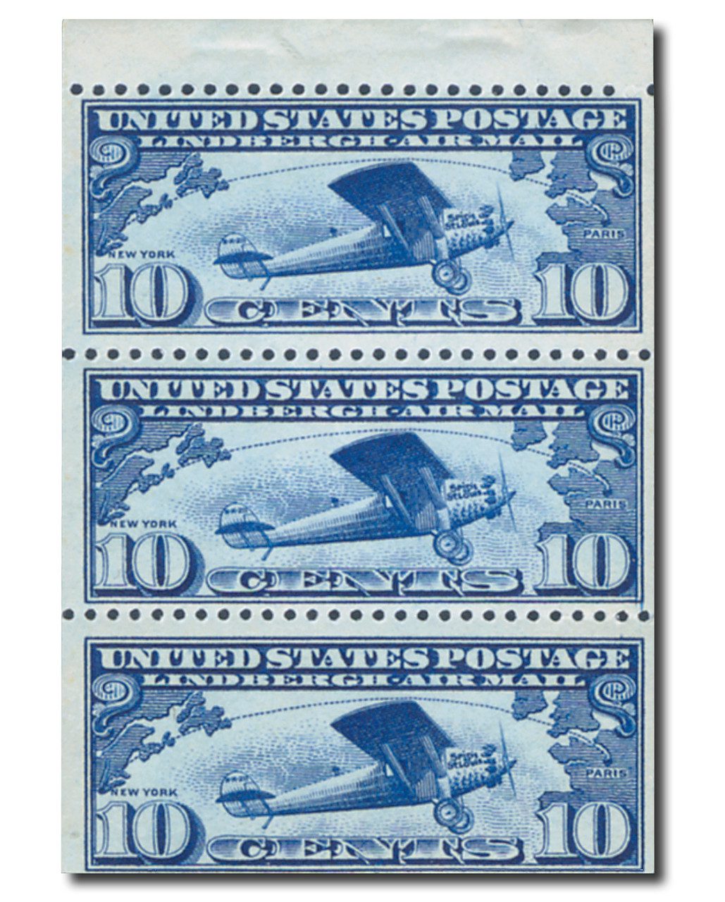 #C10a 1927 10c Lindbergh's "Spirit of St. Louis", Booklet Pane of 3 Stamps