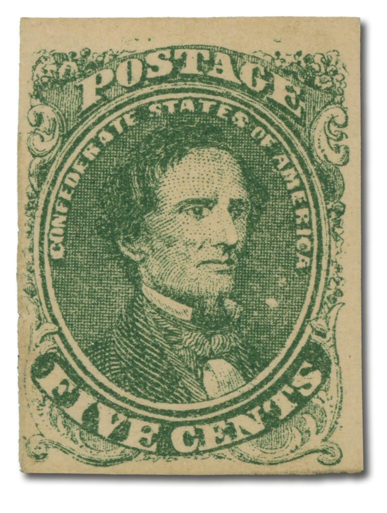 #CSA1 - 1861 5c Confederate States, Jefferson Davis, green, soft paper, imperforate stamp