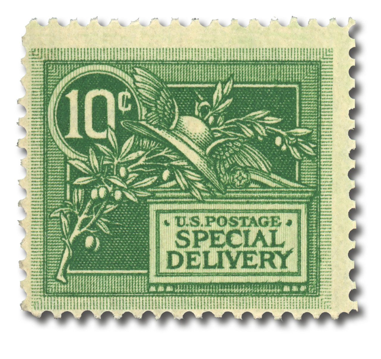 #E7 - 1908 10c Special Delivery Helmet of Mercury Stamp with DL watermark, green