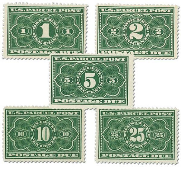 1913 1¢-25¢ Parcel Post Due Stamps, 5 stamps