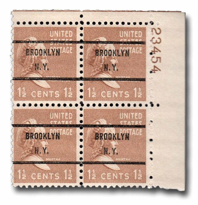 #MA1890 - 1938 #805 1 1/2c Martha Washington with Brooklyn, NY Precancel Plate Block of 4 from Sheet