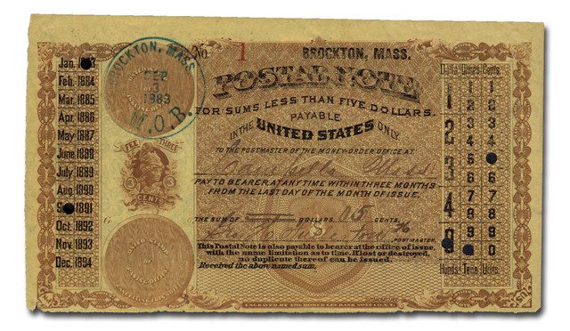 #MA1913 - 1883-94 Postal Note, Homer Lee Banknote Co., Serial Number 1, First Day of Use