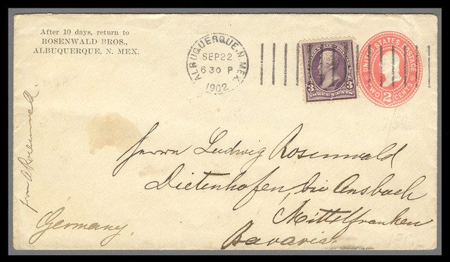 #MRS1354
1895 3c Jackson (Scott #268) on 2c Entire Sent from New Mexico Territory to Germany