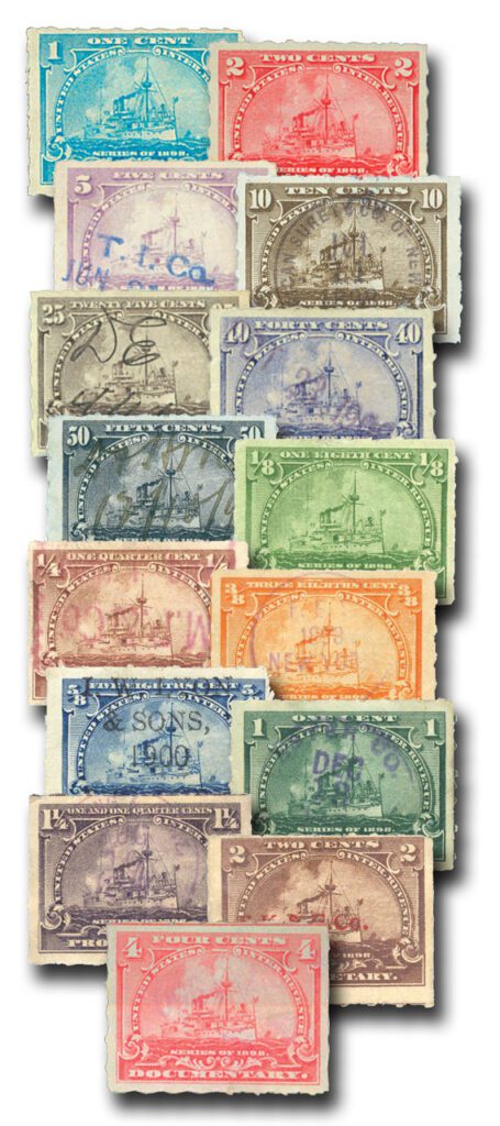 # MUS009 - 1898 1/8c-50c Battleship Revenue Stamp Collection, Used and Unused with Small Imperfections, Set of 15