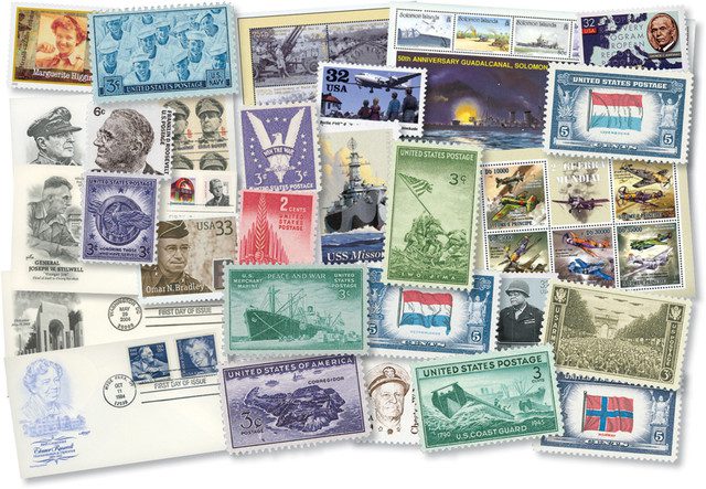 #MXM006 - WWII Stamp and Cover Collection, Set of 53 US & Worldwide Stamps, Mint and Used & 4 US First Day Covers