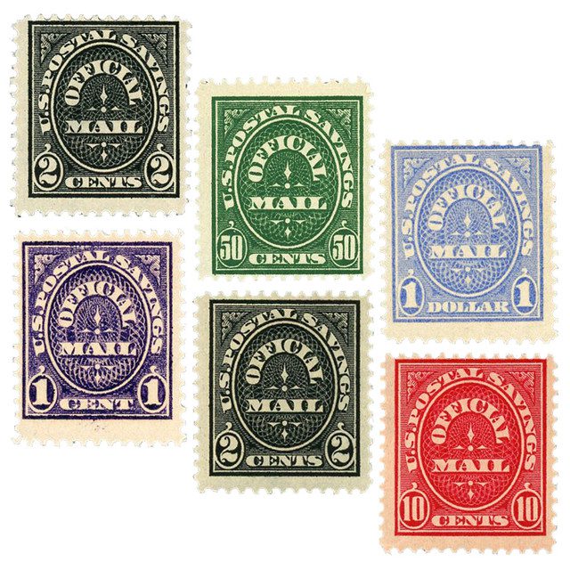 #O121-26 - 1910-11 Official Postal Savings Mail, Complete Set of 6 Stamps and Free Album Pages