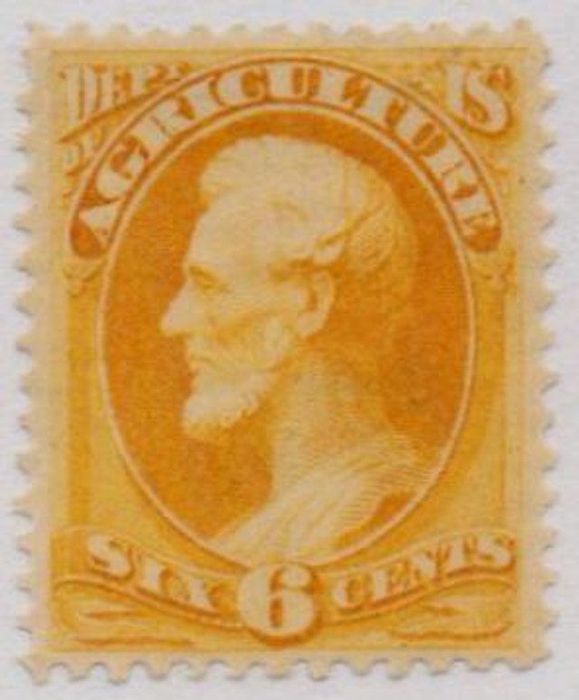 # O4 - 1873 6c Yellow, Department of Agriculture, Lincoln, Hard Paper