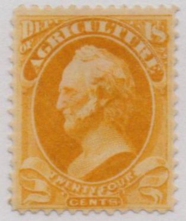 #O8 - 1873 24c Yellow, Department of Agriculture, Scott, Hard Paper