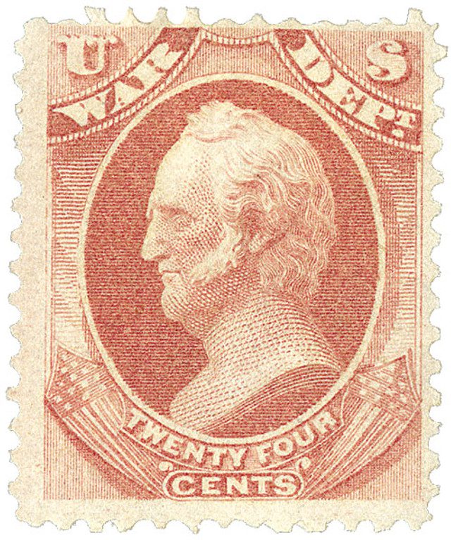 #O91 - 1873 24c Rose, War Department, Scott, Hard Paper