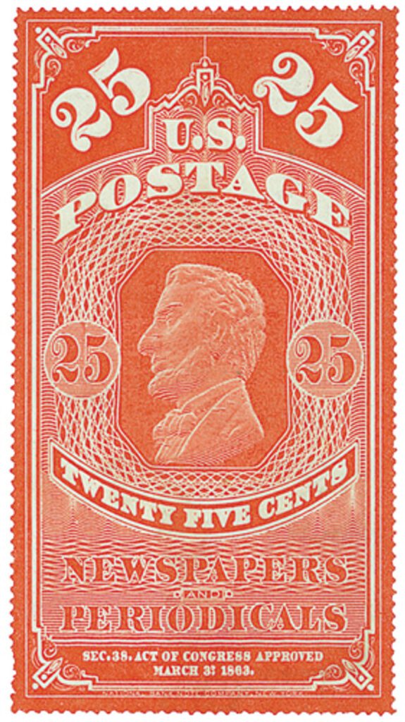 # PR7 - 1875 25c Newspaper & Periodical Stamp - hard paper, no gum, dark carmine