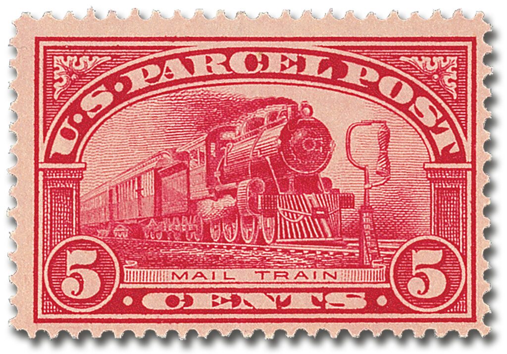 #Q5
1913 5c Parcel Post, Mail Train & Mail Bag on Rack