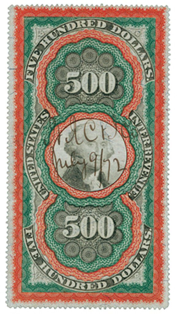 # R133 - 1871 $500 US Internal Revenue Stamp - red orange green & black