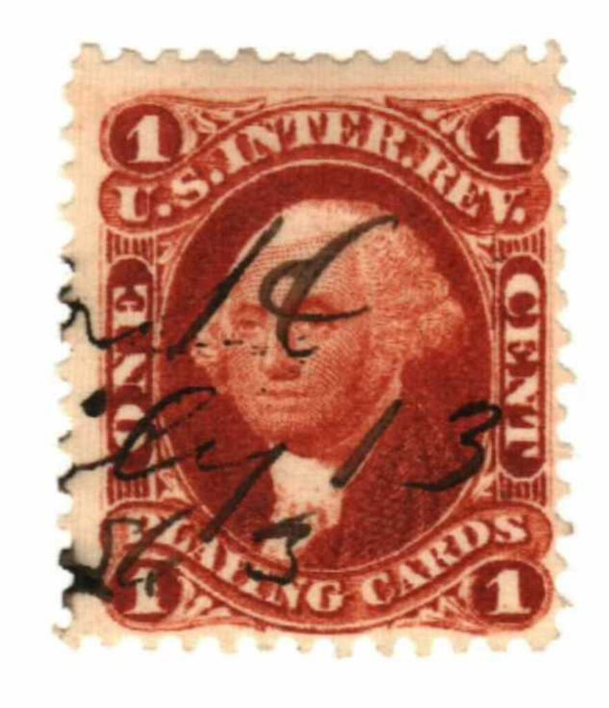 # R2 - 1862-71 1c US Internal Revenue Stamp - play cards, old paper, red