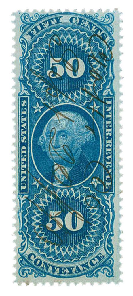 # R54d - 1862-71 50c US Internal Revenue Stamp - Conveyance, silk paper, blue