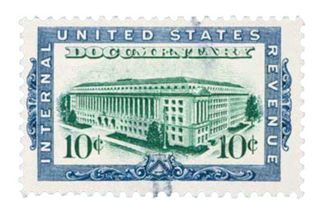 # R734 - 1963 10c US Internal Revenue Stamp - Revenue Building, violet blue & bright green