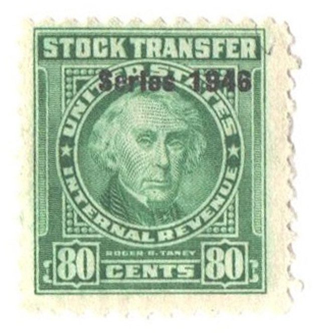 #RD218 - 1946 80c Stock Transfer Stamp, bright green, watermark, perf 11
