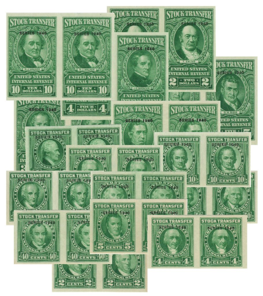 # RD67a/85a - 1940 1c-$20 Stock Transfer Stamps, bright green, engraved, and watermarked - Set of 16 Imperforate Pairs
