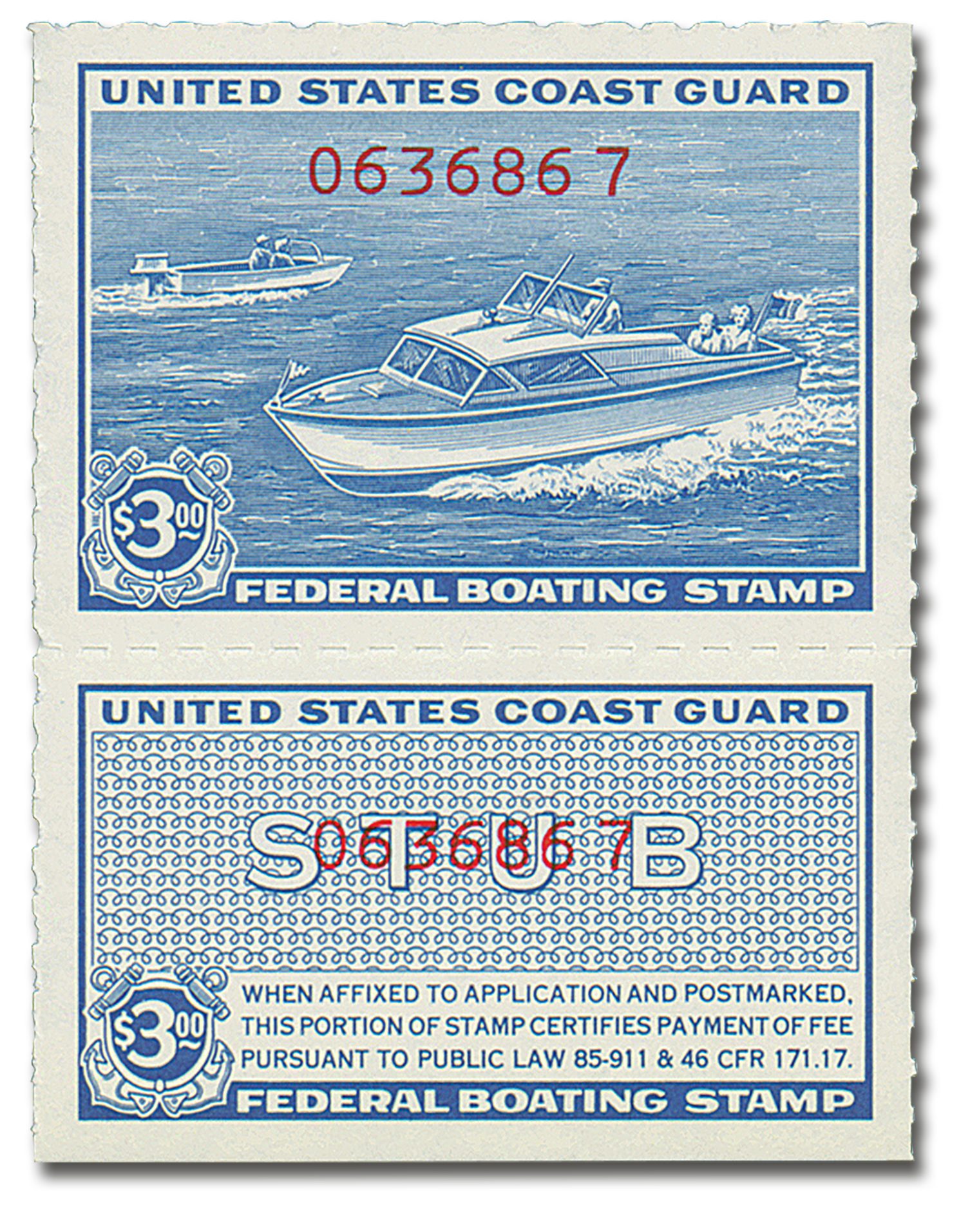 #RVB2
1960 $3 U.S. Coast Guard Boating Tax, blue, red number overprint