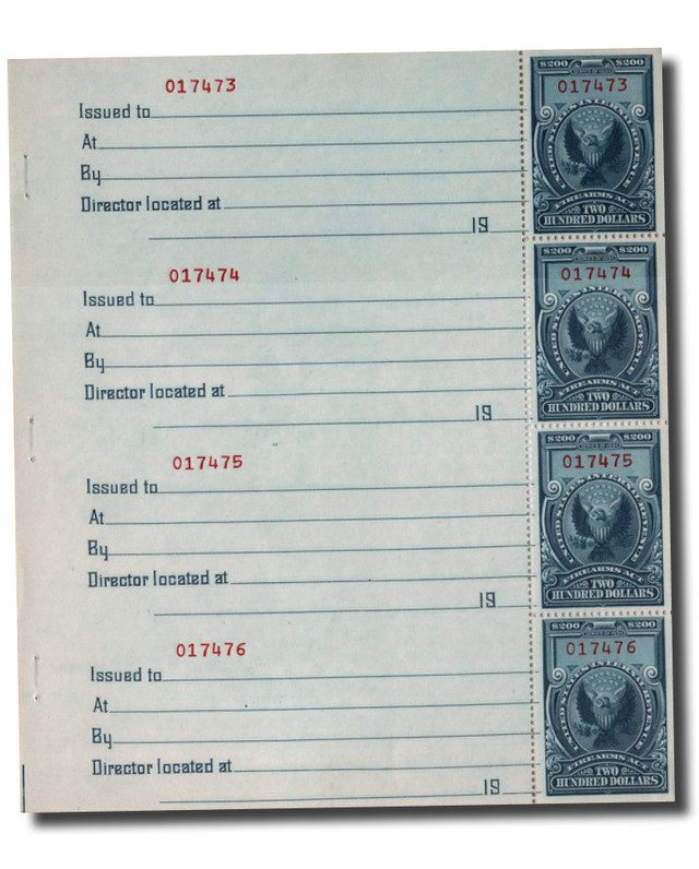 #RY6a - 1974 $200 Firearms Transfer Tax Stamps - booklet pane 10, dull blue & red