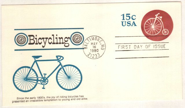 #U597 - 1980 15c Stamped Envelopes and Wrappers - Bicycle, blue & rose claret