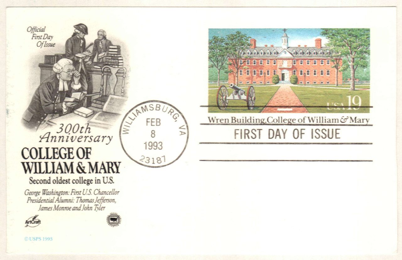 # UX167 - 1993 19c Postal Card - Wern Building, William & Mary College Classic First Day Cover