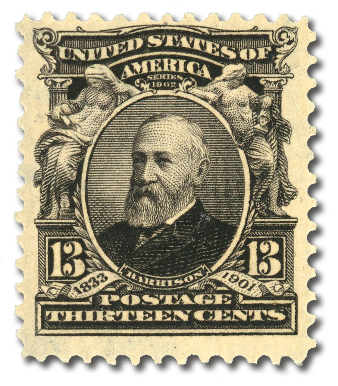  US #308 – The border of this stamp reflects Harrison’s educational initiatives, showing muses reading and sculpting a child.