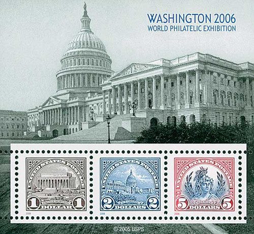 4075 - 2006 $1, $2, $5 Washington 2006 World Philatelic Exhibition, souvenir sheet