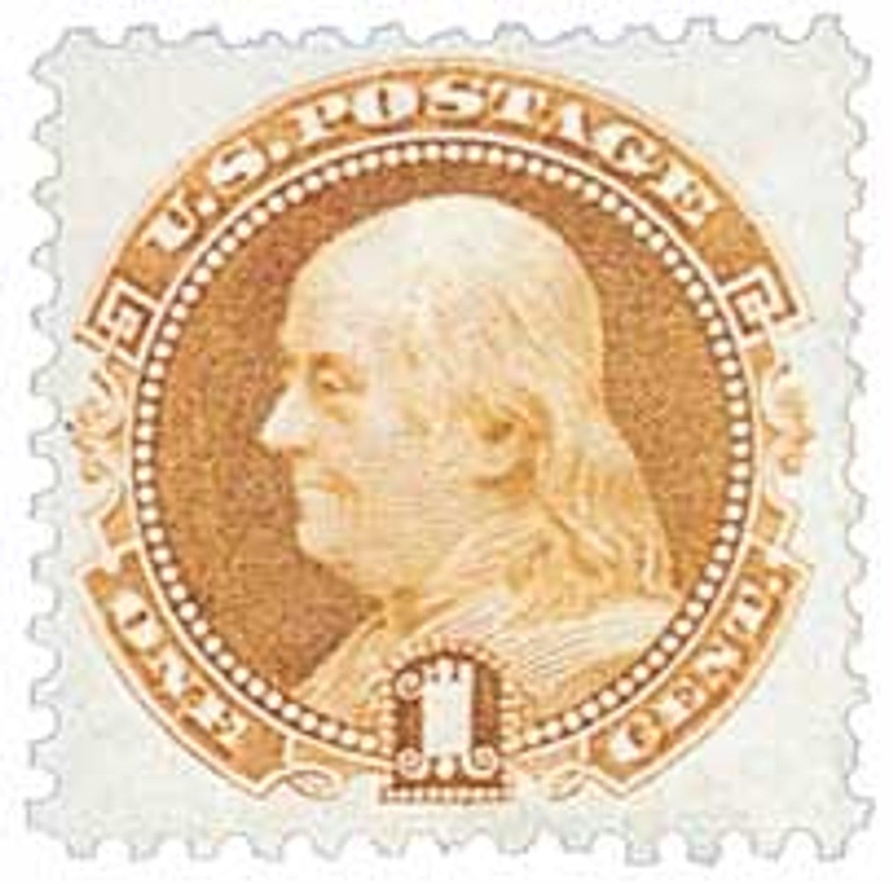 112 - 1869 1c Benjamin Franklin, buff, G grill, hard wove paper, perf 12