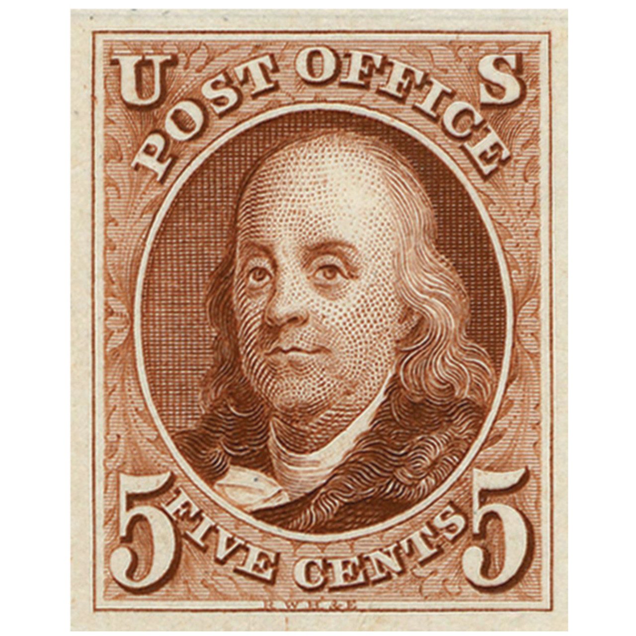1847 5¢ Benjamin Franklin, red-brown, thin bluish wove paper, imperforate
